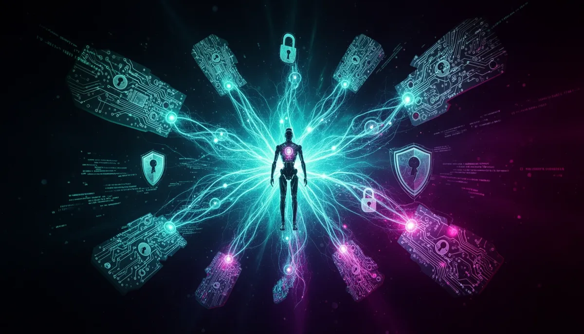 Abstract dark illustration showing glowing neural network nodes connecting to a humanoid robot silhouette, with fragmented ci