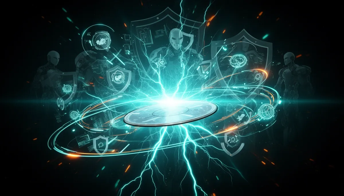Abstract illustration of a glowing AI inference chip at the center emitting cyan electric arcs, surrounded by neural network 