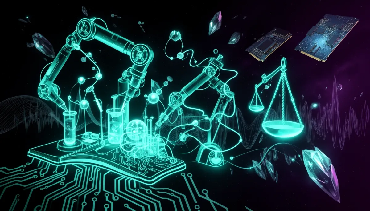 Abstract dark-background illustration showing glowing cyan neural networks merging with robotic laboratory arms and scientifi