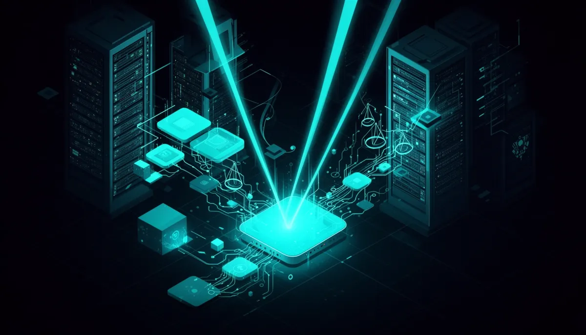 Abstract dark illustration with cyan accents showing open-source modules, an edge device, server racks, orbital laser beams, 