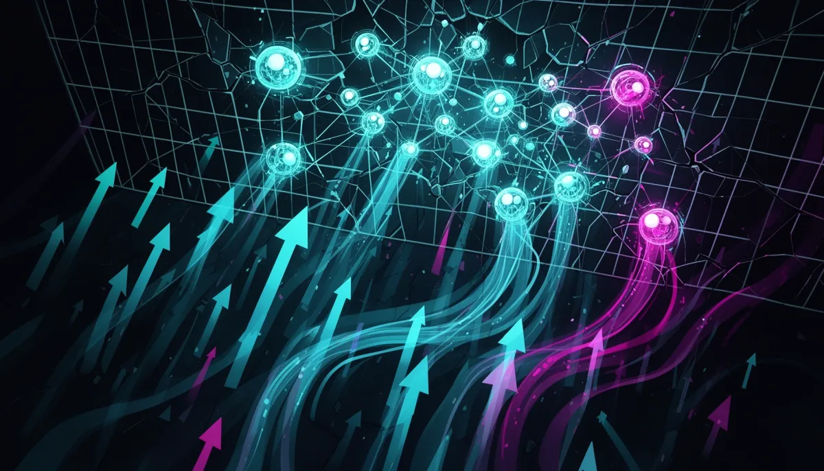Abstract illustration of glowing networked AI agents breaking free from a fractured grid against a dark cyan-accented backgro