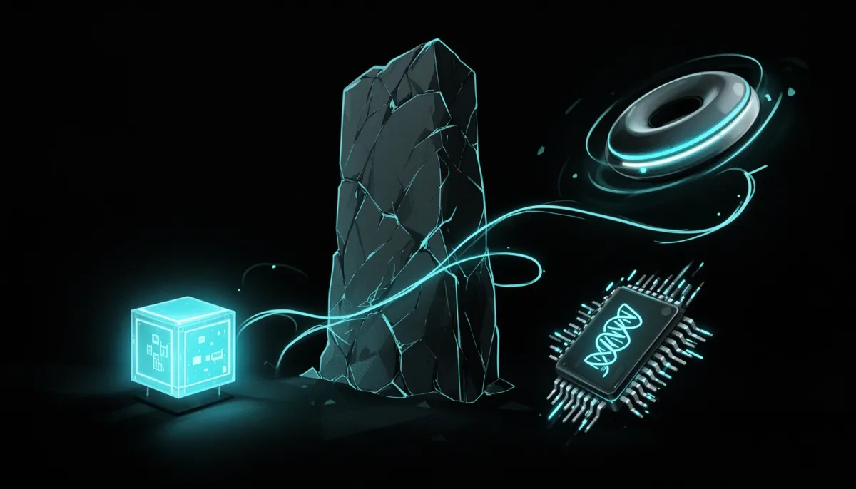 Abstract dark illustration with cyan accents showing a small glowing AI cube, a fractured monolith, a helix-etched chip, and 