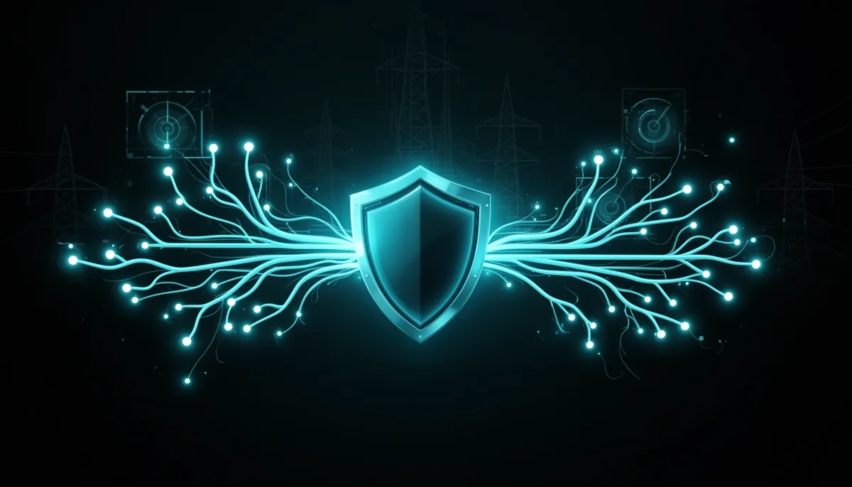 Abstract dark illustration with cyan glowing neural nodes branching into forked paths around a shielded core, with faint ener