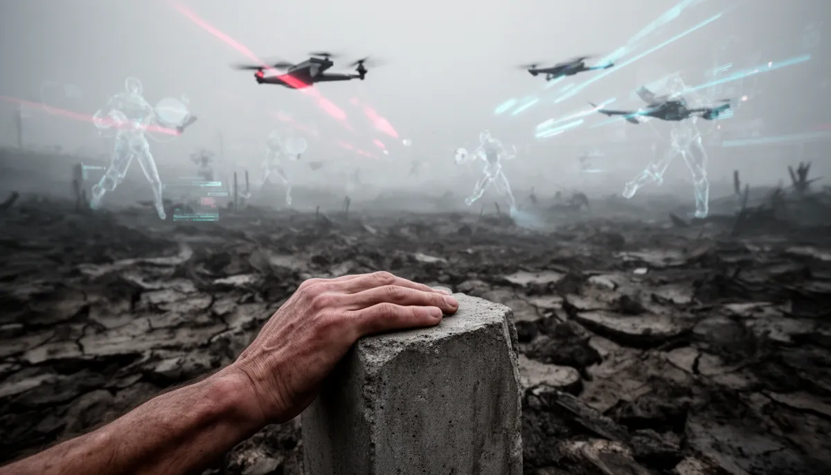 Empty churned battlefield with ghostly AI agents fighting above, a human hand resting on solid stone.