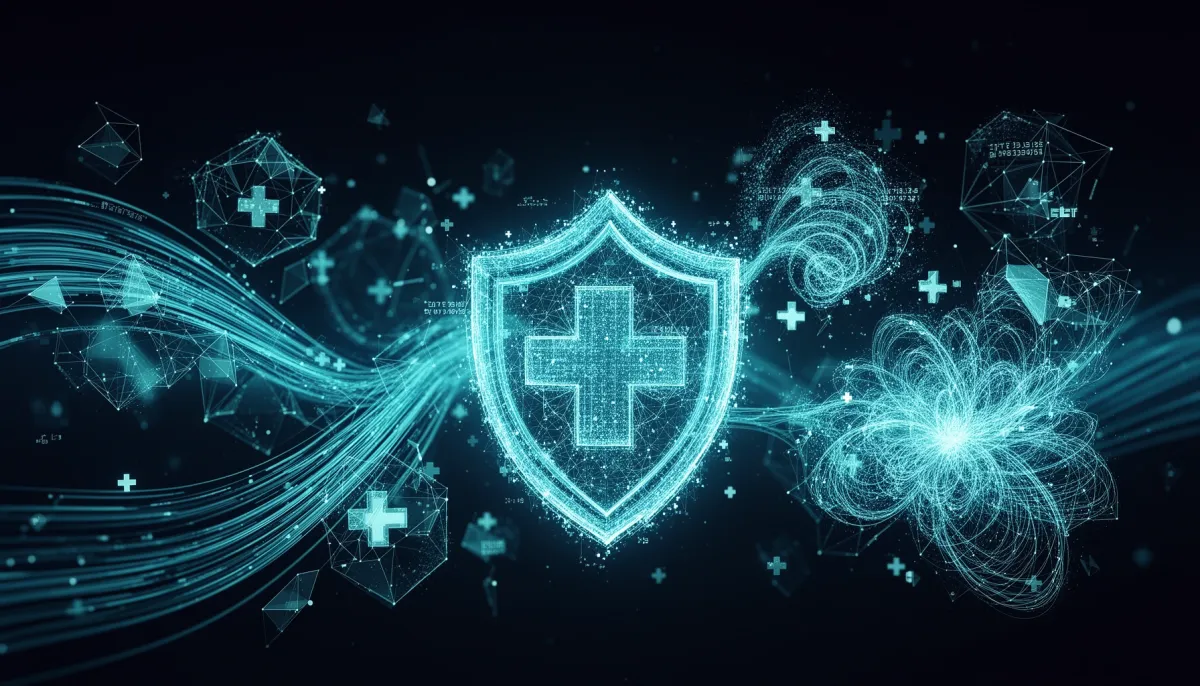 Abstract illustration of glowing cyan neural network nodes, data streams, and cybersecurity shield motifs on a dark navy back