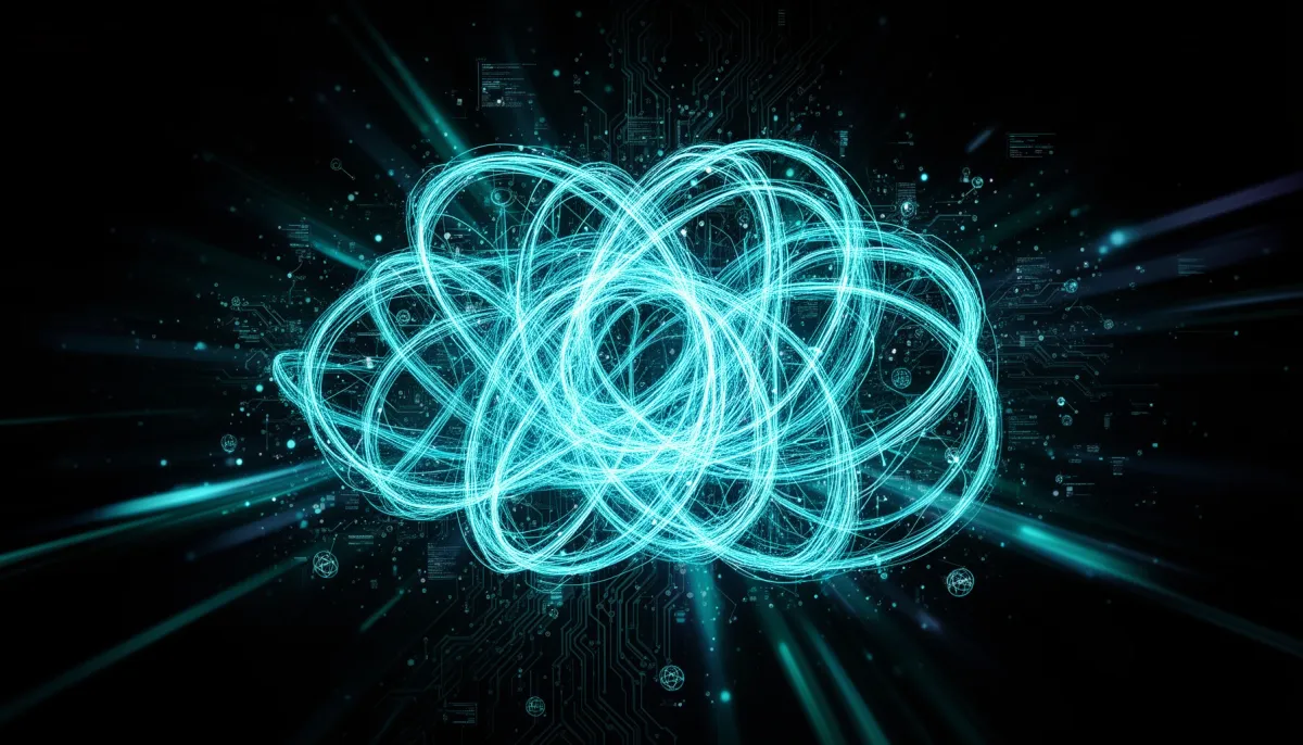 Abstract illustration of glowing cyan neural network loops and fragmented circuit board patterns on a dark background, repres