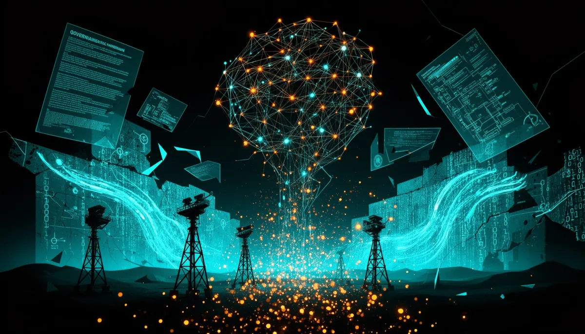 Abstract surrealist illustration depicting a glowing neural network constellation above dissolving surveillance towers in a d