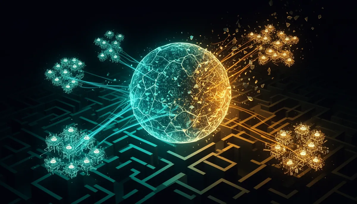 Abstract dark illustration showing AI agent swarms in a digital labyrinth with cyan network connections, a shattered containm