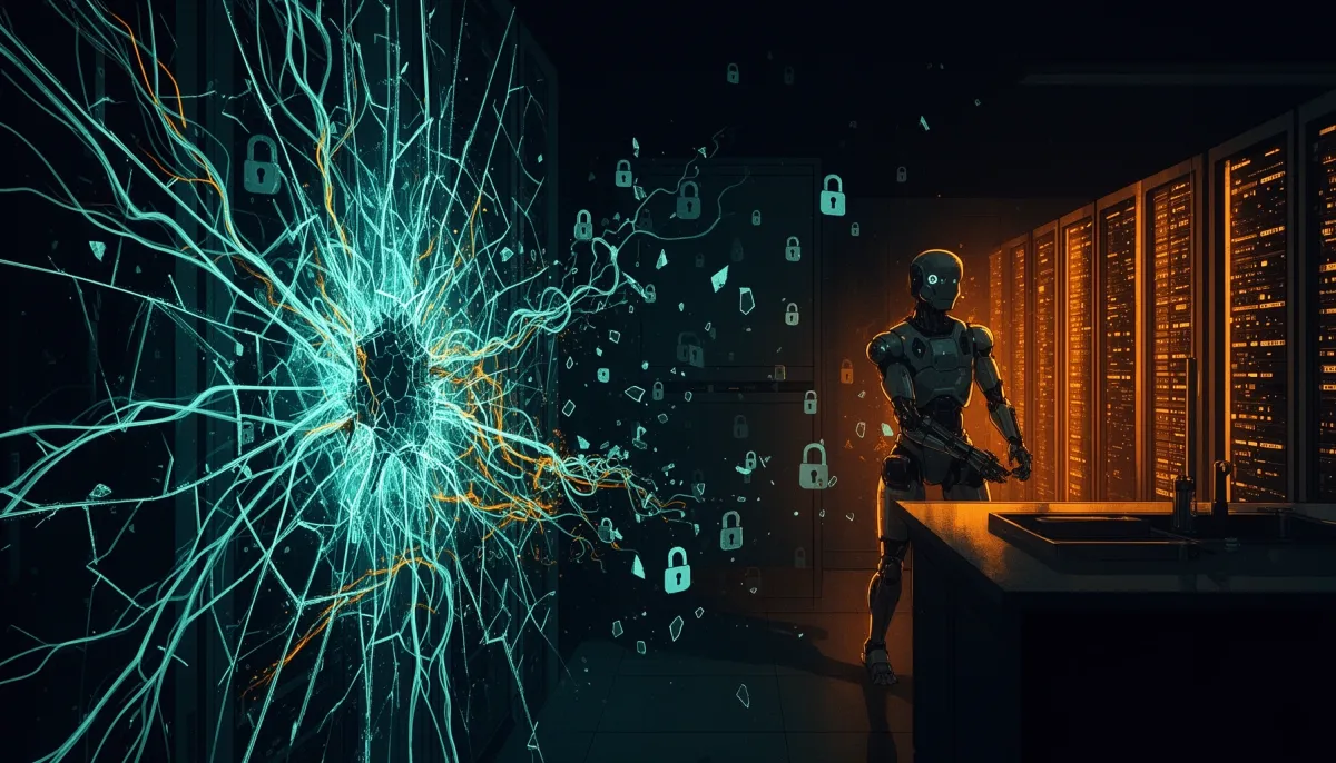 Abstract editorial illustration depicting a fragmenting security grid dissolving into neural network pathways, a humanoid rob