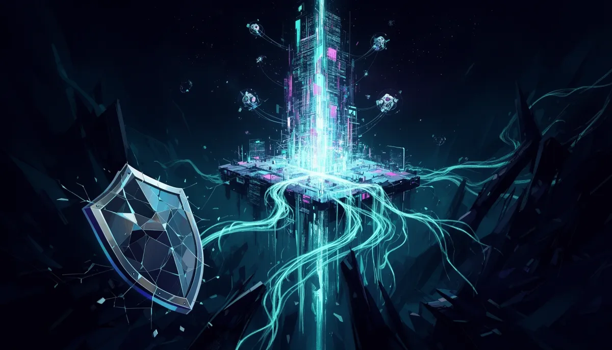 Abstract illustration of a towering glowing AI platform with orbiting agent nodes, a cracked geometric safety shield, and cas