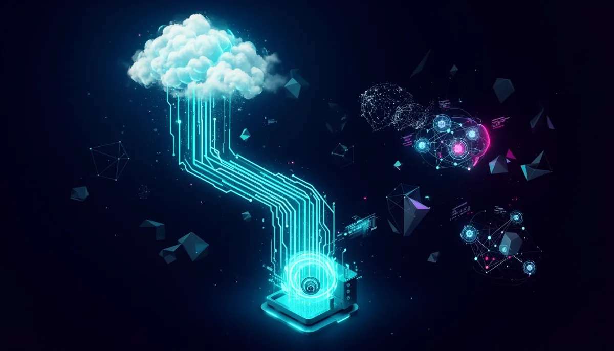 Abstract illustration of AI data splitting between a glowing cloud and a secure local vault, connected by cyan circuit pathwa