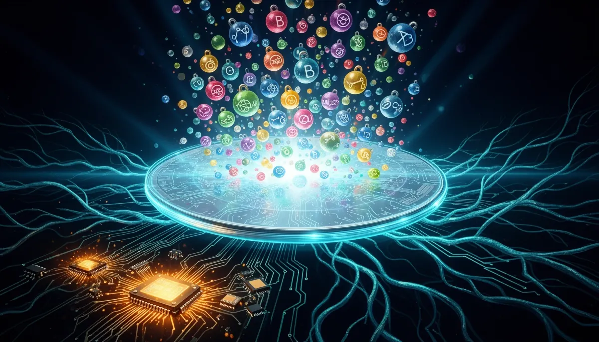 Abstract illustration of a massive silicon chip absorbing a constellation of AI model nodes against a deep navy background wi