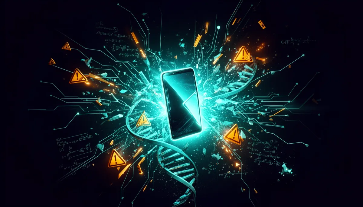 Abstract dark-background illustration showing neural network nodes fracturing into warning symbols, a foldable smartphone sil