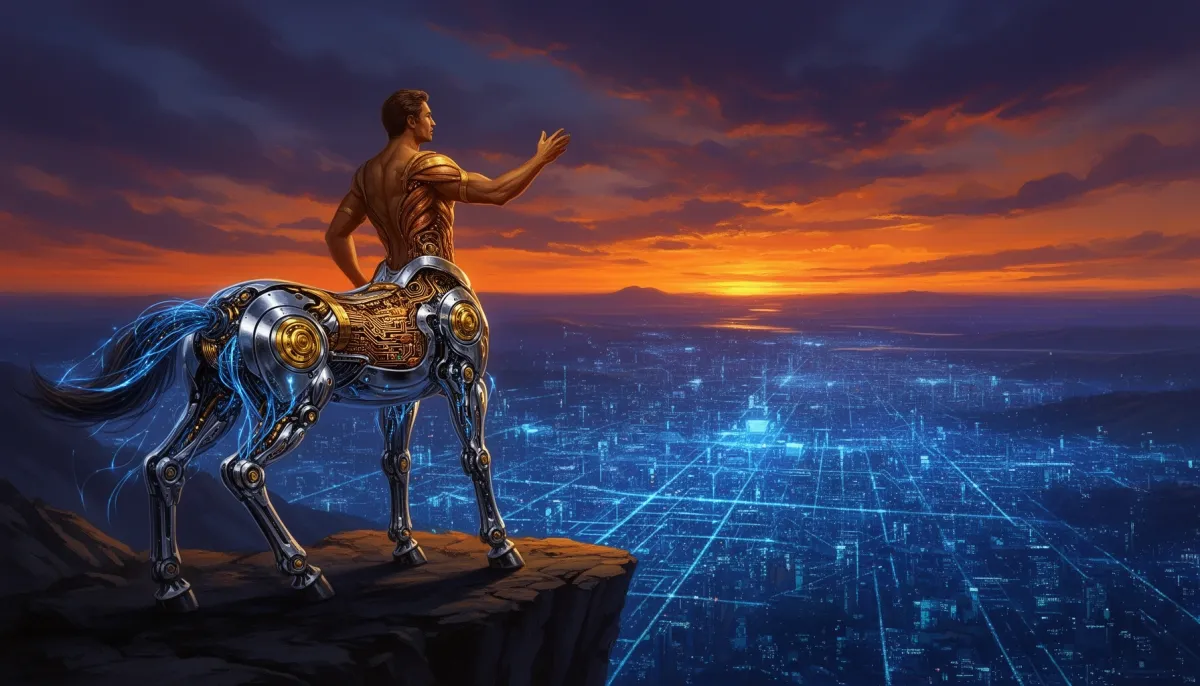 Reimagined centaur with human torso and circuit-board mechanical lower body surveys a glowing digital horizon, embodying huma
