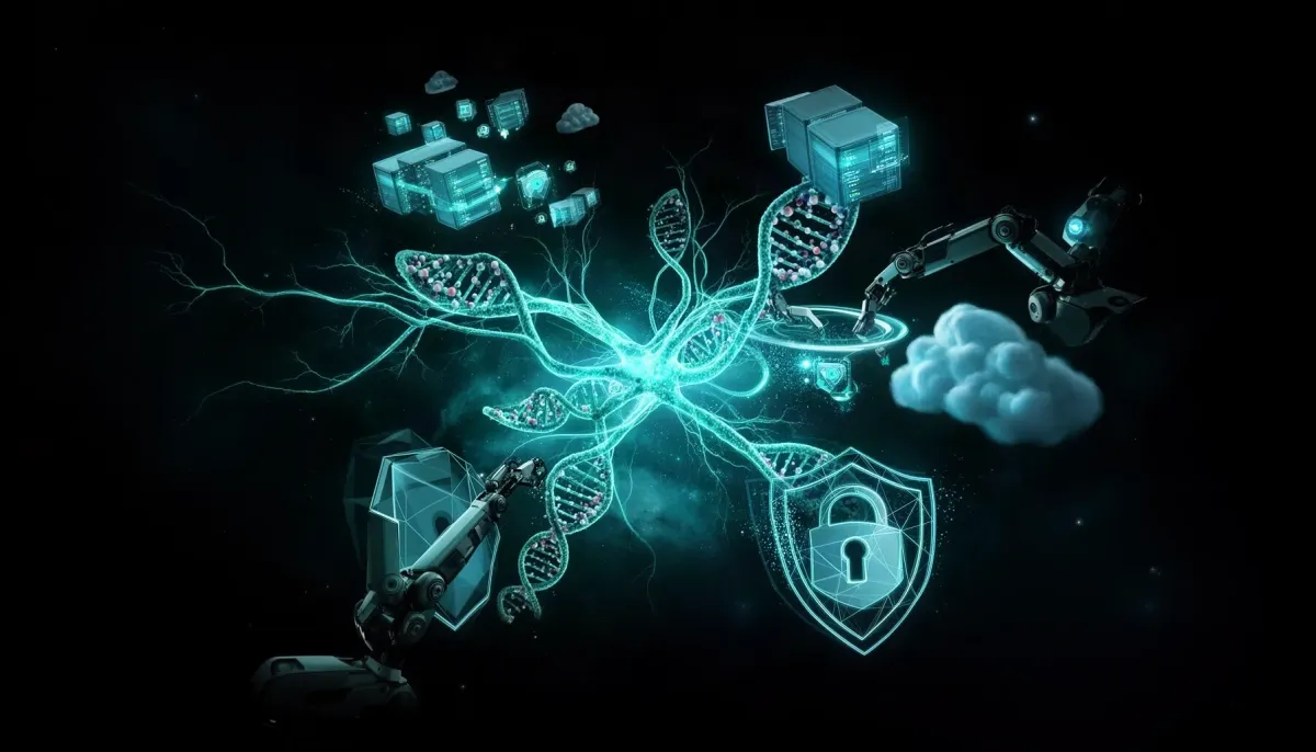 Abstract illustration of neural networks branching into protein molecule structures and robotic arms, with cyan data streams,
