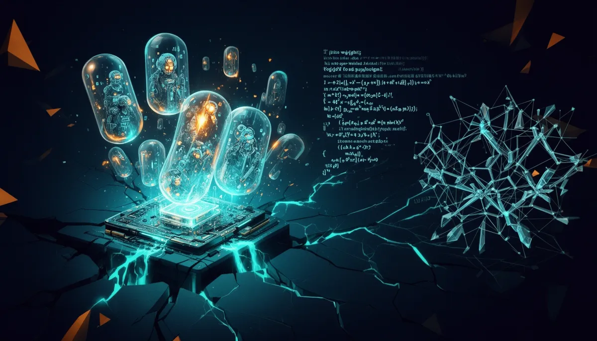 Abstract illustration showing AI agents inside glowing isolated compute capsules, cracked safety barriers emitting cyan light