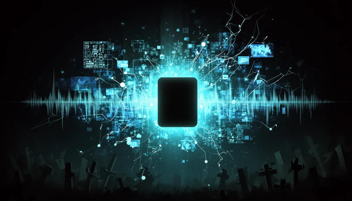 Abstract dark editorial illustration featuring cyan-accented circuit fragments, audio waveforms, glowing isolated network nod
