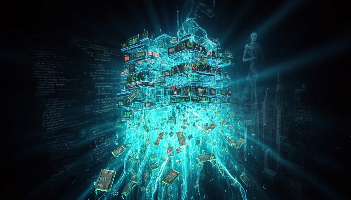 Abstract illustration showing neural network nodes merging with financial infrastructure and flowing GPU chips, a humanoid ro