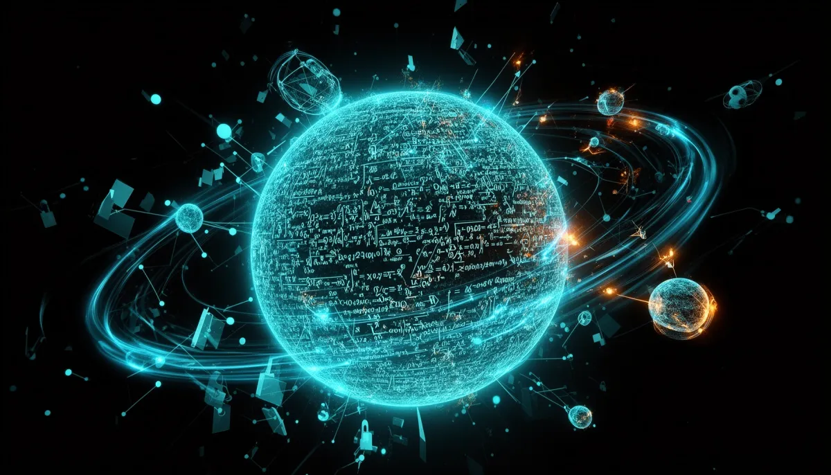Abstract dark-background illustration of interconnected neural network nodes with cyan data streams, geometric circuit patter