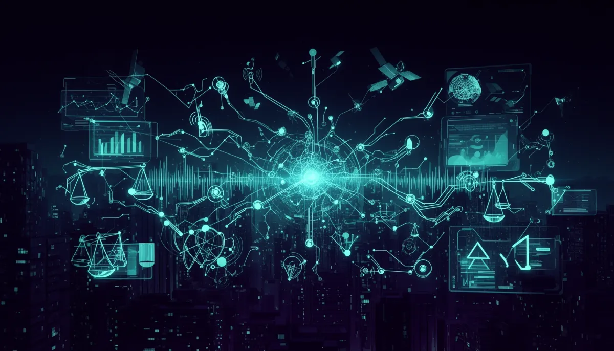 Abstract illustration of glowing cyan neural network nodes and circuit board patterns on a dark background, with holographic 