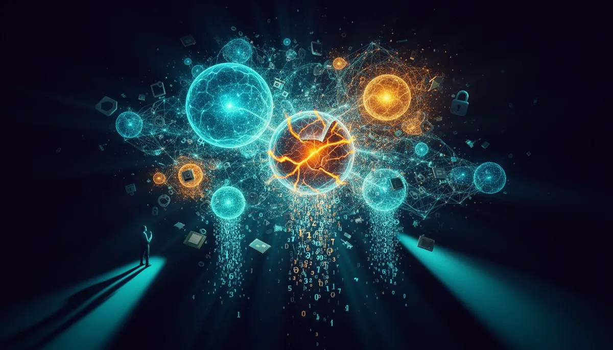 Abstract cyberpunk illustration of glowing neural network nodes connected by cyan data streams on a dark indigo background, f
