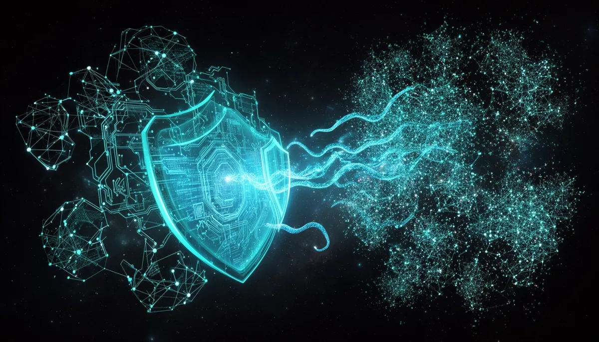 Abstract illustration of glowing cyan neural network constellations and geometric circuit patterns on a dark background, with