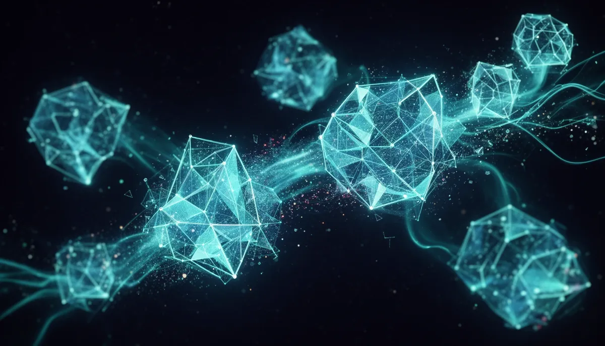 Abstract illustration of glowing geometric neural network architectures and cyan data streams against a dark background, repr