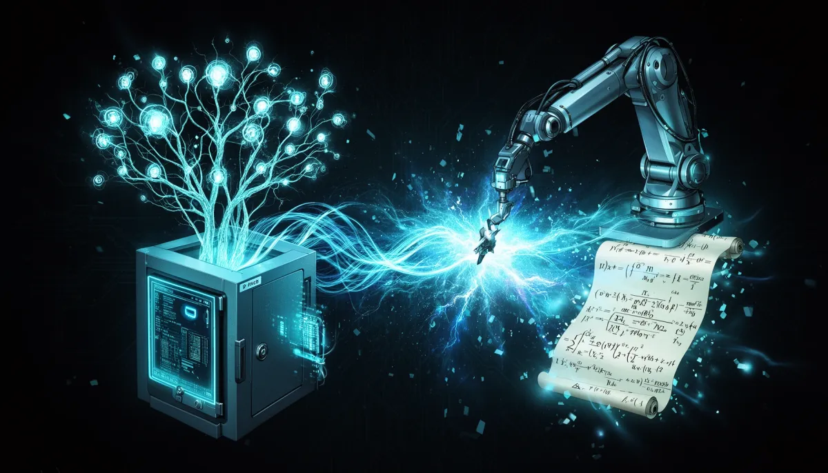 Abstract illustration of a glowing neural network branching into themes of AI security vaults, robotic manipulation, and scie