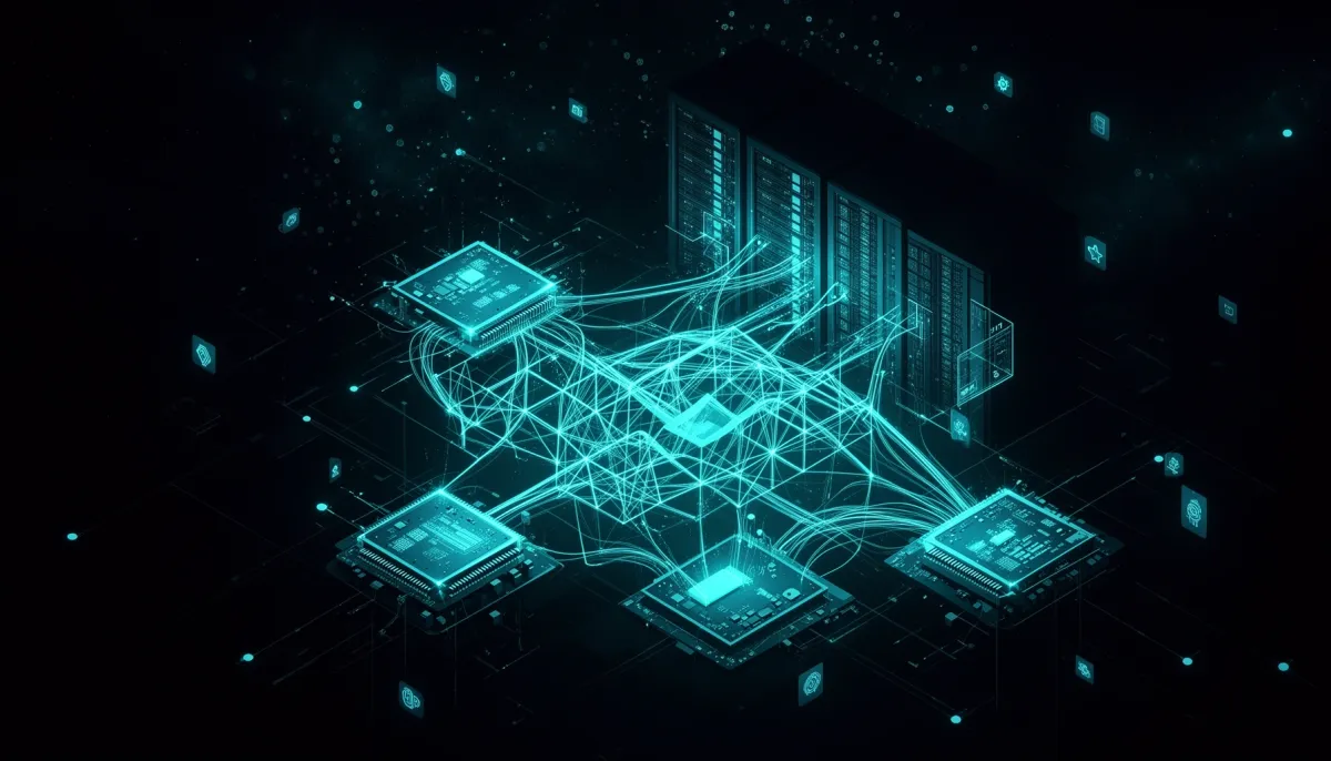Abstract illustration of interconnected GPU chip lattices and glowing AI agent pathways on a dark background with cyan accent