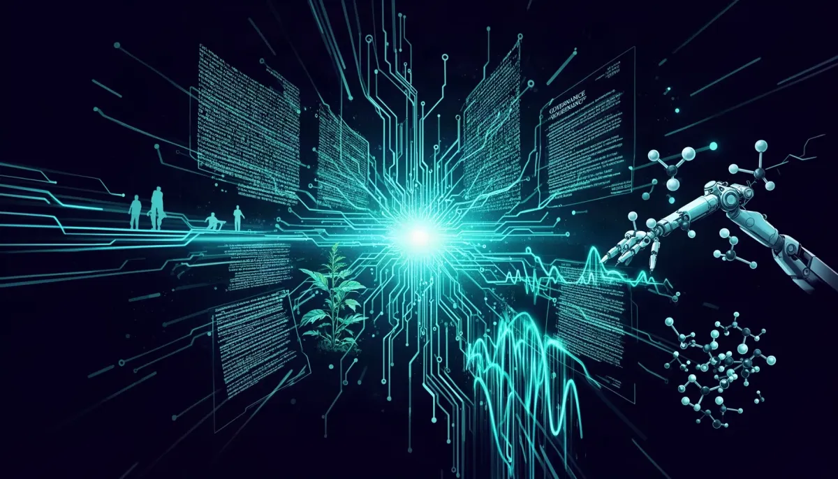 Abstract illustration of interconnected AI infrastructure nodes on a dark navy background with glowing cyan circuit patterns 