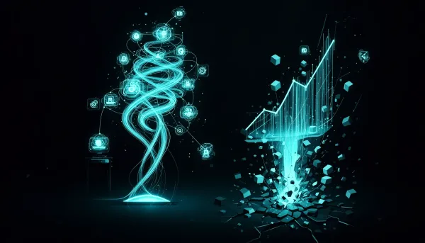 Abstract dark illustration with cyan accents showing networked AI agent nodes, rising and falling data flows symbolizing grow