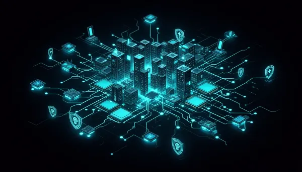 Abstract dark illustration of glowing cyan memory chips and data-center nodes branching into a network, symbolizing AI infras