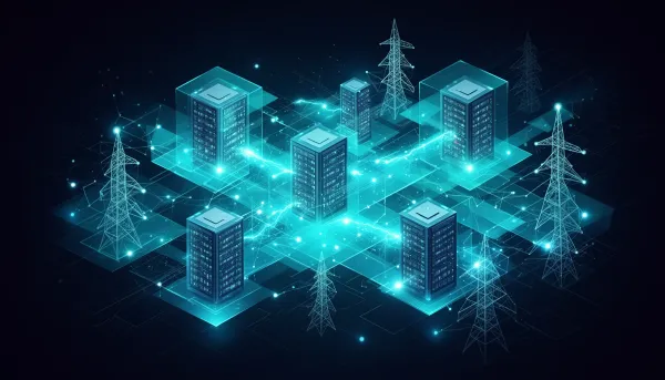 Abstract network of glowing cyan nodes connecting data centers and power infrastructure on a dark background