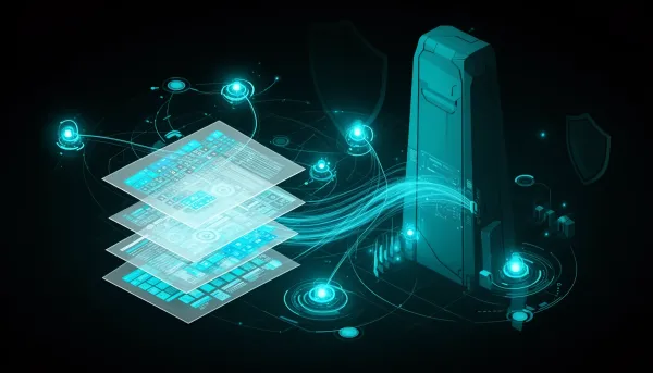 Abstract dark illustration with cyan accents showing AI infrastructure nodes, document data grids, a large machine silhouette