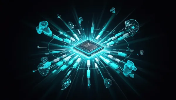 Abstract illustration of a glowing custom AI chip radiating parallel data streams surrounded by network nodes on a dark cyan-