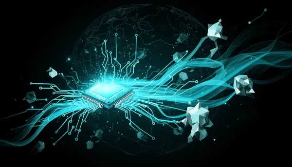 Abstract illustration of a glowing chip dissolving into data streams and autonomous agent shapes over a dark background with 