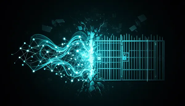 Abstract illustration of a glowing network split between an open lattice and a gated grid on a dark background with cyan acce