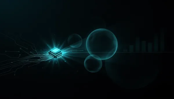 Abstract illustration of a small glowing chip outshining larger faded spheres against a dark background with cyan network lin