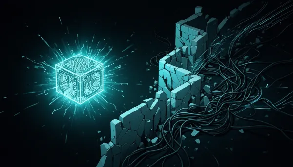 Abstract illustration contrasting a glowing compact AI core with fractured border walls on a dark cyan-accented background