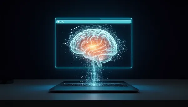 Glowing AI brain inside a browser window above a laptop, showing local in-browser AI