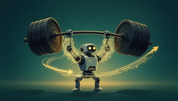 Small robot lifting a heavy barbell, a metaphor for a tiny-compute agent model punching above its weight.