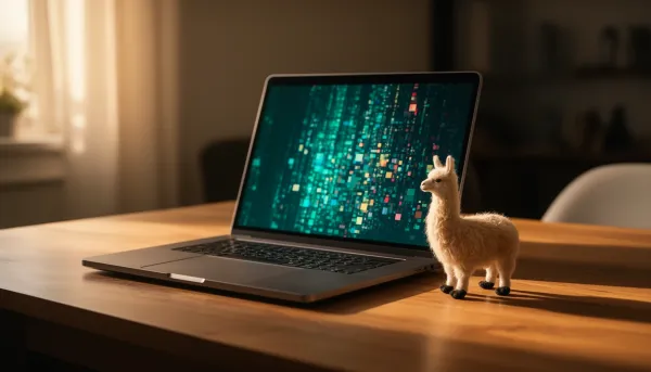 Laptop on a desk with a small llama figurine, running a local LLM at home with Ollama.