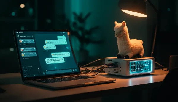 Laptop on a desk showing a self-hosted local LLM web interface connected to a small home server.