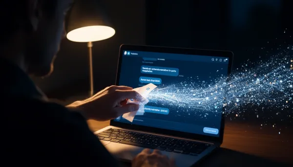 Hand feeding glowing sensitive data into a public chatbot on a laptop, showing Shadow AI data leakage risk.
