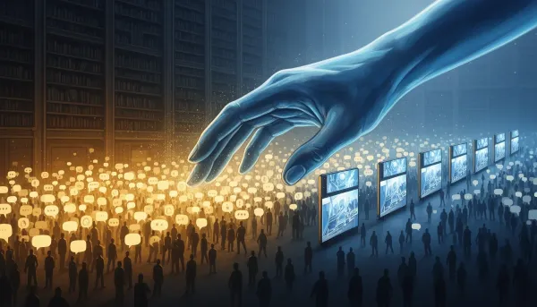 Glass hand sweeping away glowing human speech bubbles, leaving only corporate panels in a web search metaphor.