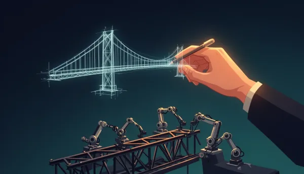 Hand sketches a blueprint while robots build below, showing AI productivity shifting value to deciding what to build.