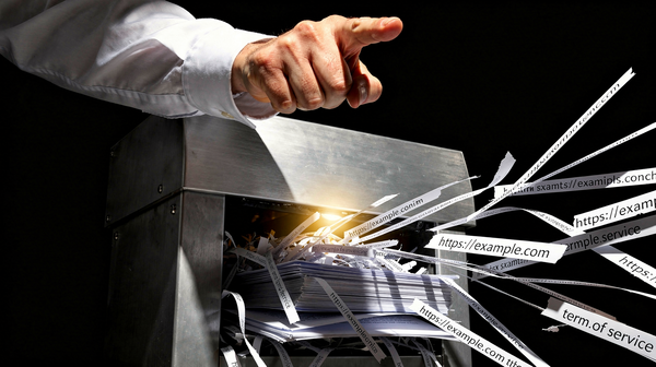 a corporate hand pointing at you and a url links shredere