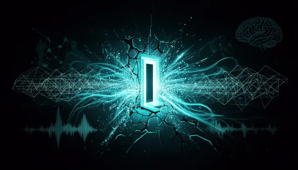Abstract cyan-on-dark illustration of a fractured gateway releasing data streams into distributed compute lattices, evoking o