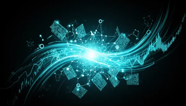 Abstract cyan-on-dark illustration of interconnected AI network nodes, silicon wafers, and data streams representing open-sou