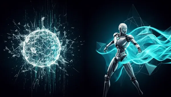 Abstract illustration contrasting a fracturing AI sphere with an emerging robotic form on a dark cyan-accented background